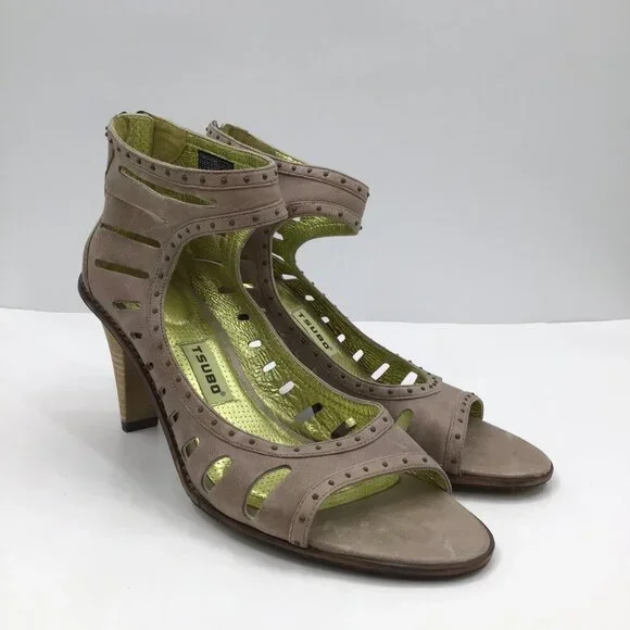 GLAM Size 9 Tsubo Sandals Heels Pumps Open Toe Strappy Taupe Gold Lined Ankle - Picture 8 of 13